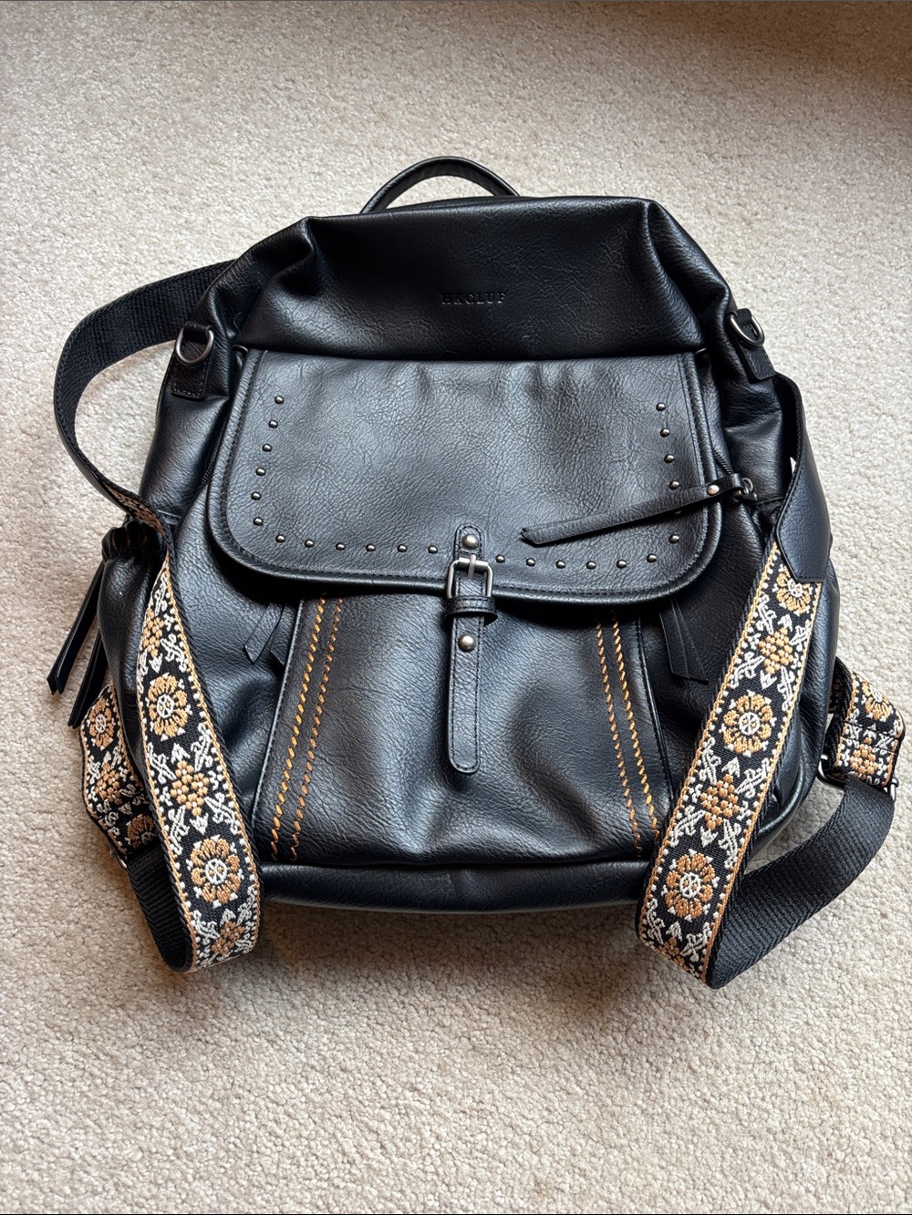 Black Faux Leather Backpack with Embroidered Strap Accents